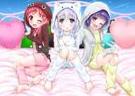3girls amber_eyes animal_hood barefoot blue_eyes blue_hair braid gochuumon_wa_usagi_desu_ka? heart-shaped_pilllow is_the_order_a_rabbit? jouga_maya kafuu_chino knees_together_feet_apart loli multiple_girls natsu_megumi pillow purple_hair red_eyes red_hair short_hair sitting smile twin_braids // 3000x2125 // 989.4KB