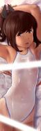 arms_up brown_hair competition_swimsuit covered_navel light_beam light_censor loli small_breasts swimsuit transparent_clothing wet // 354x1112 // 51.4KB