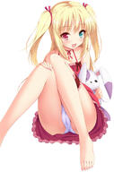 1girl barefoot bi-colored_eyes blonde_hair blue_eyes boku_wa_tomodachi_ga_sukunai cameltoe fang gown haganai heterochromia knees_together_feet_apart kobato-chan kobato_(boku_wa_tomodachi_ga_sukunai) loli no_background panchira_(sitting) panties red_eyes sitting smile solo stuffed_toy twintails_(medium) upskirt white_background white_panties // 850x1285 // 186.6KB