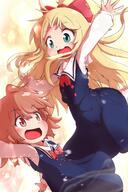 2girls ambient_light barefoot blonde_hair brown_eyes hair_bow himesaka_noa hoshino_hinata loli open_mouth orange_hair red_bowtie sailor_uniform short_hair teal_eyes watashi_ni_tenshi_ga_maiorita wataten! // 1240x1855 // 291.9KB