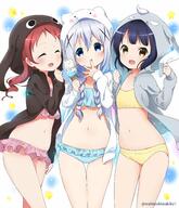 3girls amber_eyes animal_hood belly bikini blue_bikini blue_eyes braid closed_eyes finger_spread finger_to_mouth gochuumon_wa_usagi_desu_ka? ice_cream is_the_order_a_rabbit? lavender_hair loli midriff multiple_girls navel pink_bikini purple_hair red_hair short_hair sparkle twin_braids yellow_bikini // 3024x3527 // 870.3KB