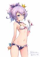 1girl amorous_gaze arched_back azur_lane bikini bow crown lavender_hair midriff no_background one_glove_on short_hair solo white_background // 1200x1700 // 160.3KB