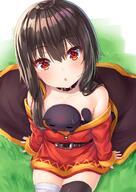 bare_shoulders belt brown_hair chestnut_mouth choker chomusuke chomusuke_(konosuba) cloak gold_trim head_tilt kono_subarashii_sekai_ni_bakuen_wo! konosuba megumin pettanko red_eyes red_tunic sitting thigh_pudge tunic zettai_ryouiki // 1130x1600 // 337.8KB