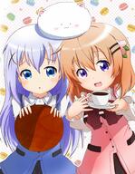 2girls blue_eyes blue_hair chino_kafuu gochuumon_wa_usagi_desu_ka? hair_flower is_the_order_a_rabbit? loli macharon orange_hair polkadot_backround purple_eyes teacup // 1400x1810 // 341.0KB