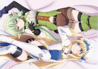 2girls archer asymmetrical_gloves asymmetrical_sleeves belt blonde_hair blue_eyes corset elf elf_ears framed_breasts frilled_sleeves goblin_slayer gold_trim green_eyes green_hair hat long_hair long_sleeves lying petite pointy_ears priest_robe priestess robe shorts small_breasts thigh_boots thighhighs vest wood_elf yousei_yunde yousei_yunde_(goblin_slayer) zettai_ryouiki // 1816x1278 // 213.9KB