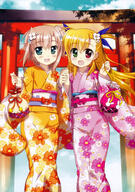 10s 2_females absurd_resolution absurdres art bag blonde_hair blush brown_hair female floral_print flower fujima_takuya green_eyes hair_flower hair_ornament hair_ribbon heterochromia high_resolution japanese_clothes kimono long_hair lyrical_nanoha mahou_shoujo_lyrical_nanoha mahou_shoujo_lyrical_nanoha_vivid mature miura_rinaldi multiple_females official_art open_mouth red_eyes ribbon safe scan torii vivio yukata // 4937x7007 // 9.7MB