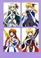 bodysuit dress einhart_stratos fate_testarossa fujima_takuya heterochromia lyrical_nanoha mahou_shoujo_lyrical_nanoha mahou_shoujo_lyrical_nanoha_vivid panties questionable takamachi_nanoha thigh-highs underwear vivio weapon // 2873x4096 // 1.5MB