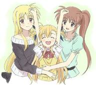 10s 3girls ^_^ ^o^ arms_up bare_shoulders blonde_hair blush bow bowtie collarbone d eyes_closed fate_testarossa female girl_sandwich hair_ribbon happy kannari long_hair lyrical_nanoha mahou_shoujo_lyrical_nanoha mahou_shoujo_lyrical_nanoha_vivid mother_and_daughter multiple_females off-shoulder_sweater open_mouth ponytail red_bow_ornament red_bowtie red_neckwear ribbon sandwiched school_uniform side_ponytail smile st._hilde_academy_of_magic_uniform sweater takamachi_nanoha tied_hair twintails uniform vivio // 700x619 // 72.3KB