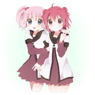 2girls ahoge akaza_akari arm_hug bad_id bad_pixiv_id blue_eyes d double_bun female hair_bobbles hair_bun hair_intakes hair_ornament kumakichi_(toshigat) long_sleeves looking_at_viewer mature multiple_females nanamori_school_uniform open_mouth pink_hair purple_eyes red_hair safe sailor_uniform school_uniform short_over_long_sleeves short_sleeves simple_background smile tied_hair twintails uniform v white_background yoshikawa_chinatsu yuru_yuri // 772x776 // 199.2KB