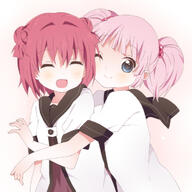 2girls ^_^ akaza_akari blue_eyes double_bun dress eyes_closed female hair_bobbles hair_ornament hug hug_from_behind kumakichi_(toshigat) multiple_females nanamori_school_uniform one_eye_closed open_mouth pink_hair safe sailor_uniform school_uniform short_hair smile tied_hair twintails uniform wink yoshikawa_chinatsu yuru_yuri // 709x709 // 227.1KB