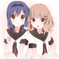 2_females blonde_hair blue_hair braid brown_eyes female furutani_himawari hair_intakes hair_ornament hairband hairclip kumakichi_(toshigat) multiple_females nanamori_school_uniform o oomuro_sakurako open_mouth sailor_uniform school_uniform twin_braids uniform yuru_yuri // 709x709 // 256.0KB