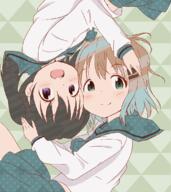 2girls blush brown_hair female green_eyes grey_hair hair_ornament hair_tie kuraue_hinata long_sleeves multiple_females open_mouth purple_eyes safe school_uniform short_hair skirt smile takhino teeth tied_hair touching twintails uniform yama_no_susume yukimura_aoi // 995x1115 // 752.5KB