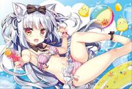 1_female animal_ears ankle_ribbon avian azur_lane ball bare_legs barefoot beachball bikini bird bow bowtie breasts cloud clouds danbooru duck feet female floating frilled_bikini frills fujima_takuya hair_ornament hair_ribbon happy legs lolibooru lolibooru.moe long_hair manjuu_(azur_lane) open_mouth pink_bikini red_eyes ribbon safe silver_hair silver_ribbon small_breasts striped_bikini striped_pattern striped_swimsuit swimsuit water water_gun wristband yukikaze_(azur_lane) // 929x627 // 157.8KB