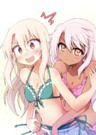 10s >) bikini brown_skin dark-skinned_female dark_skin fate fatekaleid female frilled_bikini_top grabbed_from_behind halftone_background highres illyasviel_von_einzbern kuro_von_einzbern lolibooru lolibooru.moe mature pink_bikini pink_hair safe side-tie_bikini skirt smile swimsuit v-shaped_eyebrows yuri yuuhi_alpha // 1065x1490 // 1.2MB