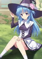 1_female blue_eyes blue_hair chtholly_nota_seniorious female fingernails flower hand_on_headwear hand_on_own_knee hat hat_flower light_smile long_hair looking_at_viewer rasahan safe shuumatsu_nani_shitemasu_ka? sitting sitting_on_ground skirt skirt_set solo two_side_up with_hat // 715x1000 // 559.4KB