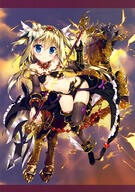 1_female absurd_resolution absurdres armor bikini bikini_armor black_bra black_panties black_underwear blonde_hair blue_eyes bra bracelet breasts bridal_gauntlets cleavage collarbone detached_sleeves equine eyebrows eyebrows_visible_through_hair female fishnet_legwear fishnets flower fujima_takuya full_body hair_flower hair_ornament high_resolution holding holding_object holding_weapon horse jewelry long_hair looking_at_viewer mammal medium_breasts one_leg_raised original panties polearm purple_ribbon raised_leg ribbon safe sankaku_channel scan smile solo swimsuit tagme thigh-highs two_side_up underboob underwear very_high_resolution vividgarden weapon white_flower yande.re // 2870x4094 // 1.8MB