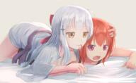 2girls ahoge armpit_peek bangs bed_sheet biting black_shirt blunt_bangs bow commentary cross_hair_ornament danbooru domination dress ear_biting fangs female femdom gabriel_dropout gelbooru hair_bow hair_ornament hand_on_another's_head high_resolution highres hikariniji holding_hand japanese_clothes kimono konachan.com konachan.net kurumizawa_satanichia_mcdowell long_hair lying lying_on_person mature multiple_females on_stomach open_mouth purple_eyes questionable raphisata red_hair s satanichia_mcdowell_kurumizawa sheet_grab shiraha_raphiel_ainsworth shirt short_hair tank_top tears violet_eyes wavy_mouth white_dress white_hair yellow_eyes yukata yuri // 2835x1744 // 3.2MB