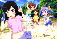 4_females ;d >_< absurd_resolution absurdres art bad_anatomy bad_feet black_hair blush blush_stickers brown_eyes brown_hair casual cloud day eyes_closed female footwear high_resolution highres ichijou_hotaru koshigaya_komari koshigaya_natsumi legs long_hair midriff miyauchi_renge multiple_females navel non_non_biyori non_non_byiori nyantype official_art one_eye_closed open_mouth poorly_drawn purple_hair raglan_sleeves red_eyes red_hair sandals shirt shoes_removed shorts single_shoe sky smile striped_pattern striped_shirt t-shirt tied_shirt water water_balloon water_gun weapon // 5943x4074 // 2.4MB