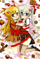 10s 2girls ahoge art blonde_hair blue_eyes blush bow chocolate chocolate_heart d dress einhart_stratos female fujima_takuya green_eyes green_hair heart heterochromia high_resolution highres kneeling long_hair lyrical_nanoha mahou_shoujo_lyrical_nanoha mahou_shoujo_lyrical_nanoha_vivid mature multiple_females no_socks official_art open_mouth ponytail purple_eyes red_eyes ribbon safe side_ponytail smile thigh-highs tied_hair two_side_up valentine vivio yuri // 1577x2329 // 637.2KB