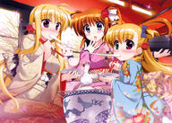 ahoge asymmetrical_hair blonde_hair blue_eyes blush brown_hair eating fate_testarossa flower food fujima_takuya green_eyes group heterochromia high_resolution japanese_clothes kimono lyrical_nanoha mahou_shoujo_lyrical_nanoha mahou_shoujo_lyrical_nanoha_vivid ponytail red_eyes ribbon sacred_heart side_ponytail stuffed_animal stuffed_toy takamachi_nanoha takamichi_vivio tied_hair twintails very_high_resolution vivio // 4250x3023 // 4.6MB