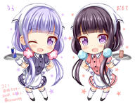 2girls apron bangs black_footwear blend_s blunt_bangs blush can chibi collared_shirt company_connection cup d dated drinking_glass drinking_straw energy_drink eyebrows_visible_through_hair female frilled_apron frills head_scarf holding holding_tray looking_at_viewer manga_time_kirara mature multiple_females new_game! open_mouth pink_shirt pink_skirt pleated_skirt puffy_short_sleeves puffy_sleeves purple_eyes purple_hair purple_shirt purple_skirt red_bull s safe sakuranomiya_maika scarf shirt short_sleeves simple_background skirt smile star stile_uniform suzukaze_aoba thigh-highs tray twitter_username uniform violet_eyes waist_apron waitress white_apron white_background white_legwear zenon_(for_achieve) // 1000x766 // 385.5KB