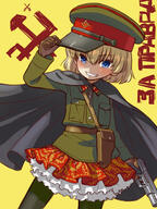 10s 1_female adjusting_hat bangs black_cape black_gloves black_legwear blonde_hair blue_eyes cape cowboy_shot cyrillic female firearm girls_und_panzer gloves green_hat green_headwear green_jacket grin handgun hat headwear holding holding_object holding_weapon jacket katyusha lolibooru lolibooru.moe mature military military_hat military_jacket military_uniform pantyhose peaked_cap print_skirt ranguage red_skirt russian sabaku_chitai safe short_hair simple_background skirt smile solo standing translated uniform weapon weapon_request yellow_background // 1200x1600 // 1.1MB