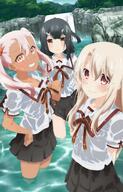 3girls art chloe_von_einzbern danbooru eyebrows_visible_through_hair fate fatekaleid fatekaleid_liner_prisma_illya female gelbooru hair_between_eyes hair_clip hair_ornament hairclip high_resolution highres hiroyama_hiroshi homurahara_academy_uniform illyasviel_von_einzbern kuro_von_einzbern light_blush miyu_edelfelt mountain multiple_females official_art orange_eyes pink_hair pleated_skirt sailor_uniform school_uniform shirt shirt_pull short_sleeves sidelocks skirt top_pull uniform water waterfall wet_clothes wet_hair wet_shirt wet_skirt yellow_eyes // 1000x1562 // 502.5KB