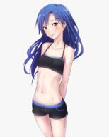 1501924367940 1_female arms_behind_back black_shorts blue_hair blush bra brown_eyes cowboy_shot female flat_chest gym_shorts high_resolution idolmaster kisaragi_chihaya lingerie long_hair male navel shorts simple_background smile solo sports_bra sugi_214 underwear // 1000x1250 // 610.3KB