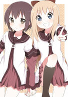 2girls black_legwear blonde_hair bow female hair_bow kumakichi_(toshigat) long_hair multiple_females nanamori_school_uniform polka_dot safe school_uniform teeth uniform v yuru_yuri // 511x724 // 220.5KB