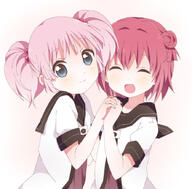 2girls akaza_akari bad_id bad_pixiv_id blue_eyes d double_bun eyes_closed female hair_bobbles hair_bun hair_intakes hair_ornament interlocked_fingers kumakichi_(toshigat) looking_at_viewer mature multiple_females nanamori_school_uniform open_mouth pink_hair red_hair safe sailor_uniform school_uniform simple_background smile tied_hair twintails uniform white_background yoshikawa_chinatsu yuru_yuri // 888x876 // 326.5KB