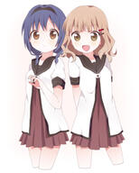 2girls blue_hair braid brown_eyes brown_hair dress female furutani_himawari hair_ornament hairband hairclip kumakichi_(toshigat) long_hair multiple_females nanamori_school_uniform oomuro_sakurako open_mouth sailor_dress sailor_uniform school_uniform smile twin_braids uniform yuru_yuri // 763x953 // 269.9KB
