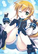 art blonde_hair character_request cosplay cropped_jacket fujima_takuya gloves green_eyes high_resolution ixpellia jacket large_filesize lyrical_nanoha mahou_shoujo_lyrical_nanoha mahou_shoujo_lyrical_nanoha_vivid mature midriff official_art one_eye_closed open_jacket panties pantyshot pantyshot_(sitting) roller_skates shorts sitting skates solo subaru_nakajima subaru_nakajima_(cosplay) underwear upshorts white_panties // 1429x2018 // 5.6MB