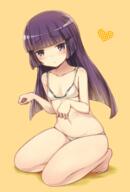 1_female bangs bare_arms bare_shoulders barefoot bikini blunt_bangs blush closed_mouth collarbone commentary eyebrows_visible_through_hair female gokou_ruri heart hime_cut kneeling leaning_to_the_side lolibooru long_hair looking_at_viewer mole mole_under_eye navel ore_no_imouto_ga_konna_ni_kawaii_wake_ga_nai plump polka_dot purple_eyes purple_hair ruiten safe sankaku_channel simple_background solo swimsuit toenails violet_eyes white_bikini yellow_background // 966x1428 // 933.6KB