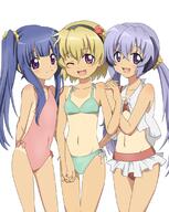 20160101 3girls ;d alternate_hairstyle arm_behind_back bangs bare_shoulders bikini bikini_skirt blonde_hair blue_hair blunt_bangs bow breasts casual_one-piece_swimsuit child collarbone compacthuman covered_navel cowboy_shot female flat_chest frills furude_rika girl_sandwich hair_between_eyes hair_ornament hair_over_breasts hair_ribbon hair_tie hairband hand_holding hanyuu head_to_head higurashi_no_naku_koro_ni holding_hands horns houjou_satoko light_smile lineup loli lolibooru long_hair looking_at_viewer mature midriff mound_of_venus multiple_females navel one-piece_swimsuit one_eye_closed open_mouth purple_eyes purple_hair questionable ribbon rumia_(compacthuman) safe sandwiched scrunchie short_hair side-tie_bikini sideboob sidelocks simple_background small_breasts smile standing swimsuit tan tan_lines tankini thigh_gap tied_hair twintails very_long_hair violet_eyes white_background wink young // 895x1123 // 555.3KB