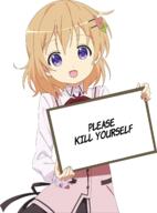 1_female bowtie female gochuumon_wa_usagi_desu_ka? holding_sign hoto_cocoa looking_at_viewer open_mouth orange_hair purple_eyes reaction sign simple_background smile // 1600x2162 // 711.4KB