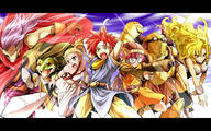 1610_aspect_ratio 3girls 4_males ayla blonde_hair bow_(weapon) cape chrono_(series) chrono_trigger colorful crossbow everyone female fight_stance firearm frog group jumping kaeru letterboxed long_hair long_sleeves male multiple_females multiple_males open_mouth orange_outfit ponytail purple_hair red_hair reki_48 ringlets safe spiky_hair sword tied_hair // 1280x800 // 798.6KB
