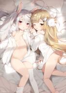 2girls ;o ahoge animal_ears ass asymmetrical_legwear azur_lane bare_shoulders bed_sheet blonde_hair blush breasts brown_eyes bunny_ears collarbone commentary_request dress_shirt ears eldridge_(azur_lane) facial_mark feet_out_of_frame female fingernails groin hair_tie hand_holding head_tilt high_resolution highres holding_hands interlocked_fingers laffey_(azur_lane) loli lolibooru long_hair long_sleeves lying lying_down mafuyu_(chibi21) multiple_females naked_shirt navel o off_shoulder on_back on_side one_eye_closed open_clothes open_shirt parted_lips pillow purple_eyes questionable shirt sidelocks silver_hair sleeves_past_wrists small_breasts thigh-highs thighhighs_pull tied_hair twintails twitter_username very_long_hair white_legwear white_shirt yuri 銀髪ツインテール // 1032x1457 // 1.4MB