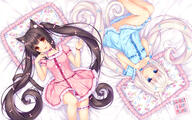 10s 1610_aspect_ratio 2girls 3 animal_ears animal_tail art artist_name bangs barefoot bed bed_sheet blue_eyes blunt_bangs blush bow brown_eyes brown_hair cat_ears cat_tail chocola_(sayori) d ears fanbox_reward feet female floral_print frilled_pillow frills from_above garter gelbooru hair_bow hair_ornament hands_on_own_chest hands_together happy high_resolution leg_garter long_hair looking_at_viewer low_twintails lying mature multiple_females nekomimi nekopara official_art on_back open_mouth orange_eyes paid_reward pajamas pillow puffy_short_sleeves puffy_sleeves ribbon safe sankaku_channel sayori short_sleeves simple_background slit_pupils smile tail tied_hair twintails vanilla vanilla_(sayori) very_long_hair viewed_from_above wallpaper white_background white_hair wrist_ribbon // 1920x1200 // 863.5KB