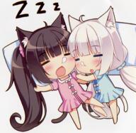 10s 2girls =_= animal_ears animal_tail blue_dress brown_hair bubble cat_ears cat_tail chestnut_mouth chibi chocola_(sayori) dress ears eyebrows eyebrows_visible_through_hair eyes_closed female gelbooru hair_ornament hair_scrunchie long_hair low_twintails mature multiple_females nekomimi nekopara nose_bubble open_mouth original pillow pink_dress puffy_short_sleeves puffy_sleeves safe sankaku_channel sayori scrunchie short_sleeves simple_background sleeping tail tied_hair twintails vanilla_(sayori) very_long_hair white_background white_hair zzz // 701x684 // 650.3KB