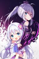 2girls ahoge bad_id bad_pixiv_id bangs bare_shoulders blue_eyes blush bow bridal_gauntlets camisole commentary_request d darnell detached_sleeves eyebrows_visible_through_hair female fingernails gradient grey_background hair_between_eyes hair_bow hair_flower hair_ornament high_resolution korean_commentary loli long_hair long_sleeves looking_at_viewer midriff multiple_females navel open_mouth parted_lips puffy_short_sleeves puffy_sleeves purple_bow purple_flower red_flower safe safebooru shaded_face short_over_long_sleeves short_sleeves silver_hair simple_background sleeves_past_wrists smile soul_worker stella_unibell very_long_hair white_background white_camisole wide_sleeves // 1444x2164 // 710.8KB