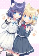 2girls animal_ear_fluff animal_ears belt belt_buckle black_belt black_hair black_legwear blonde_hair blue_bow blue_eyes blush bow buckle cat_ears claw_pose collared_shirt commentary_request d dress_shirt ears epaulettes fangs female grey_shirt grey_skirt hair_bow hair_clip hair_ornament hairclip hand_holding hands_up high_resolution interlocked_fingers long_sleeves looking_at_viewer mature multiple_females nekomimi o open_mouth parted_lips pink_background pleated_skirt polka_dot polka_dot_background rukiroki safe sasugano_roki sasugano_ruki shirt simple_background skirt sleeves_past_wrists smile thigh-highs two-tone_background usashiro_mani virtual_youtuber white_background white_belt white_shirt white_skirt // 1062x1500 // 238.7KB