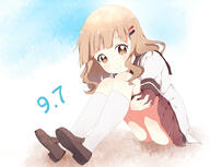 1_female blonde_hair blunt_bangs blurry blurry_background brown_eyes dated female full_body hair_ornament holding_legs knee_highs looking_at_viewer mature nanamori_school_uniform oomuro_sakurako safe school_uniform shoes sidelocks socks solo thighs toma_(shinozaki) uniform white_legwear white_serafuku yuru_yuri // 1000x796 // 507.8KB