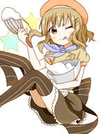 1_female apron blonde_hair bowl brown_eyes dress female food food_on_face hair_ornament hairclip hat high_resolution kuro_neko_(artist) one_eye_closed oomuro_sakurako safe sitting solo star striped_legwear striped_pattern tongue tongue_out whisk yuru_yuri // 1508x2000 // 1.4MB