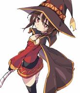 1_female bandage belt black_belt black_hair cape commentary dress eyebrows_visible_through_hair female fingerless_gloves gloves hat holding_object ixy kono_subarashii_sekai_ni_shukufuku_wo! konosuba looking_at_viewer megumin red_eyes short_hair simple_background single_thighhigh solo thigh-highs white_background // 774x898 // 100.3KB