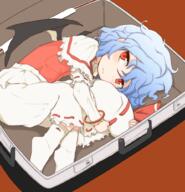 1_female akakirisima bag bat_wings blue_hair blush box capelet curiosities_of_lotus_asia female fetal_position flat_gaze hat hat_removed headwear headwear_removed holding in_bag in_box in_container lolibooru.moe lying madhand mature on_side red_eyes remilia_scarlet socks solo suitcase touhou touhou_project vampire wings // 961x1000 // 570.2KB