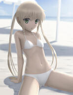 1girl bad_id bad_pixiv_id beach bikini blonde_hair female_focus green_eyes hair_tie hayate_no_gotoku! high_resolution loli sand sankaku_channel sanzen'in_nagi siraha sitting solo swimsuit tied_hair twintails // 1000x1300 // 380.9KB