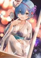 1_female _zero bangs blue_eyes blue_hair blurry blurry_background blush breasts cleavage collarbone d danbooru depth_of_field dutch_angle eyebrows_visible_through_hair female floral_print flower fox_mask gio_(maroon0924) goldfish_scooping hair_between_eyes hair_clip hair_flower hair_ornament hair_over_one_eye hair_ribbon hairclip hand_up holding japanese_clothes kimono large_breasts long_sleeves looking_at_viewer mask mask_on_head medium_breasts night obi open_mouth pink_ribbon poi_(goldfish_scoop) print_kimono purple_ribbon red_flower rem rem_(zero) ribbon safe sash short_hair signature smile solo squatting summer_festival water watermark web_address white_kimono wide_sleeves x_hair_ornament yukata zero_kara_hajimeru_isekai_seikatsu // 585x828 // 632.5KB