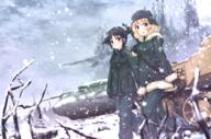 2girls aircraft airplane black_hair blonde_hair blue_eyes blush brodie_helmet building chito_(shoujo_shuumatsu_ryokou) cloud cloudy_sky female firearm gloves green_eyes gun hat headwear highres hoodie kettenkrad long_hair mature military military_uniform multiple_females shoujo_shuumatsu_ryokou sky snow snowing stahlhelm tied_hair twintails uneune uniform weapon wheel wheels winter yuuri_(shoujo_shuumatsu_ryokou) // 3002x1984 // 7.4MB