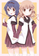 2girls annoyed back-to-back bad_id bad_pixiv_id blonde_hair blue_hair brown_eyes clenched_hand female furutani_himawari hair_ornament hairband hairclip hand_holding heart heart_of_string interlocked_fingers kumakichi_(toshigat) long_sleeves multiple_females nanamori_school_uniform oomuro_sakurako open_mouth polka_dot polka_dot_background sailor_uniform school_uniform short_over_long_sleeves uniform yuru_yuri // 537x762 // 276.7KB