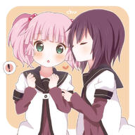! 2girls aqua_eyes arm_grab bad_id blush eyes_closed female hair_bobbles hair_ornament heart kumakichi_(toshigat) long_sleeves multiple_females nanamori_school_uniform pink_hair safe school_uniform short_over_long_sleeves uniform yuru_yuri // 787x787 // 292.0KB